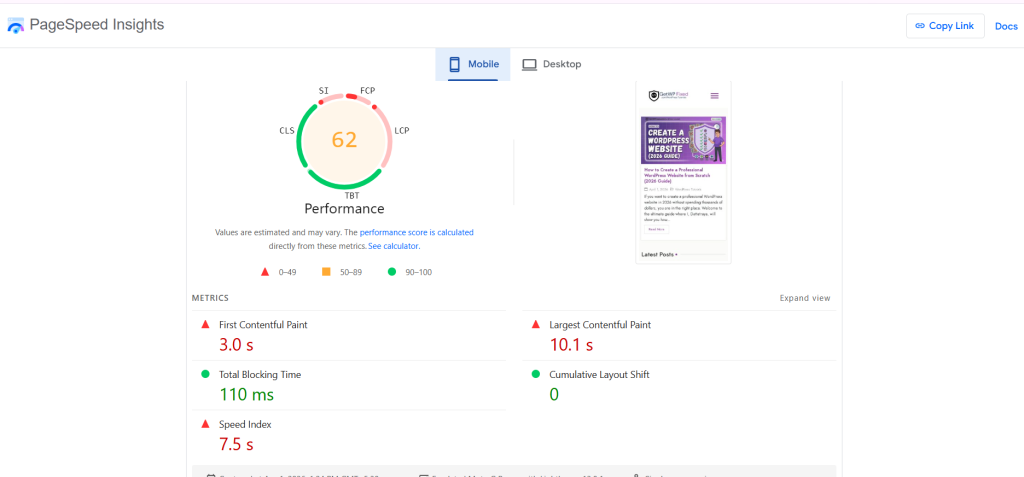 Page Speed Insight before