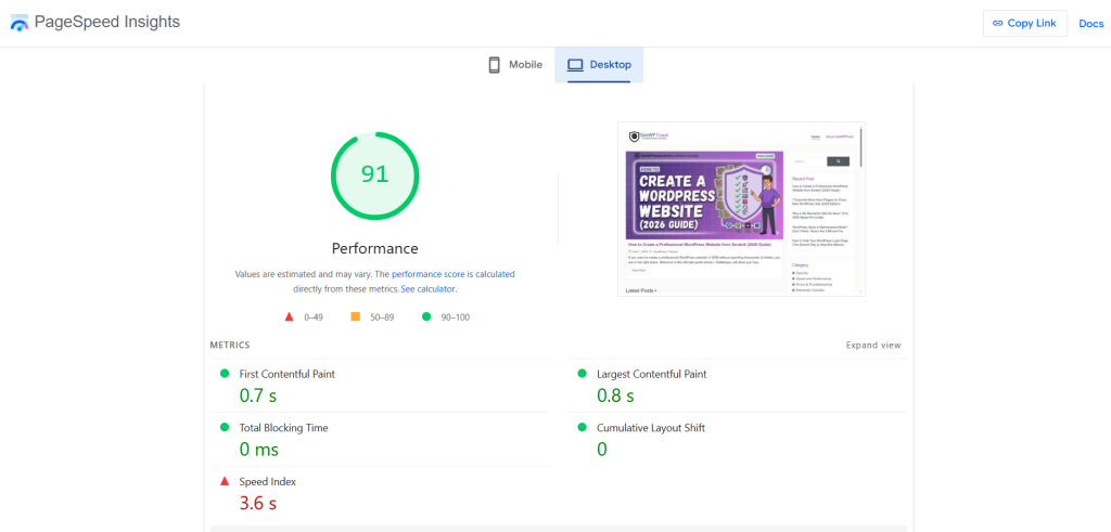 Page Speed Insights for my  website GetWPFixed.com on Desktop 
