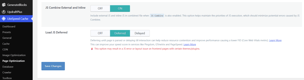 Lightspeed Cache plugin setting for page speed optimization