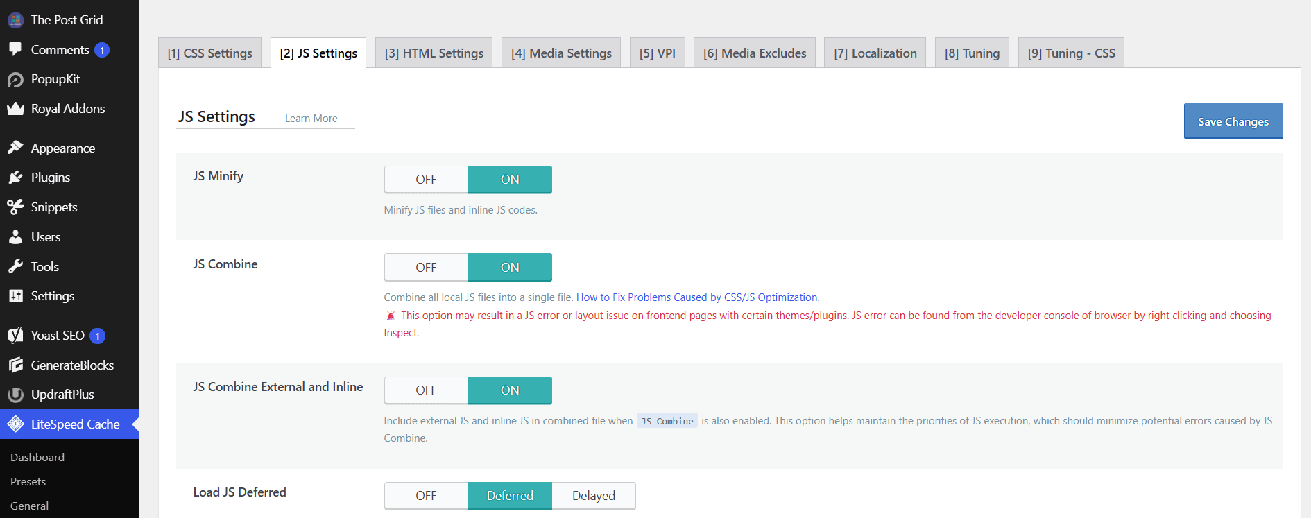 Litespeed Cache plugin settings