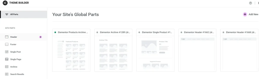Elementor Theme Builder header template.