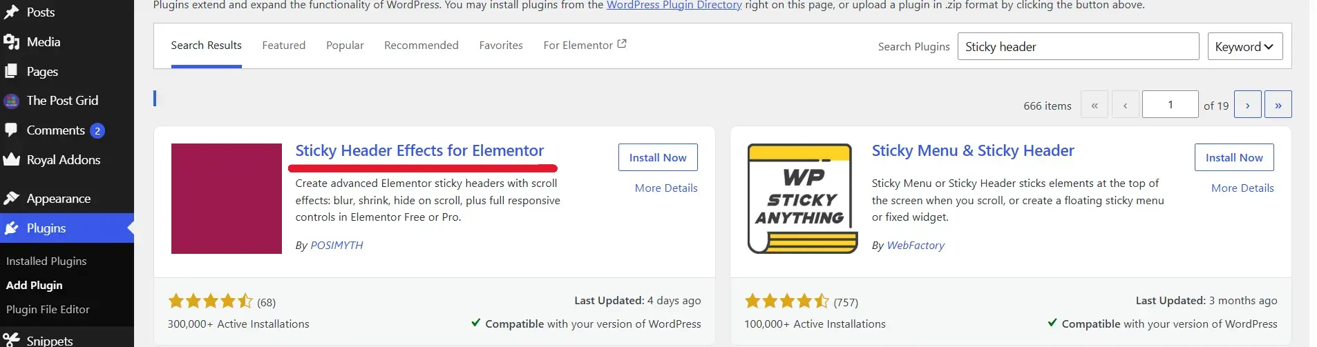 Sticky header plugin settings in WordPress.
