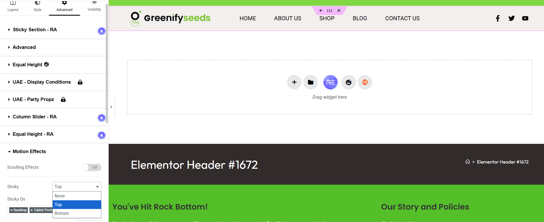 Selecting the parent header container in Elementor.